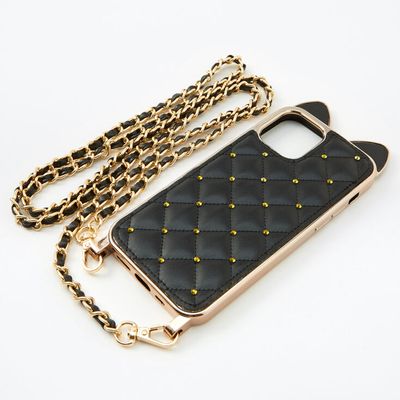 Black Cat Quilted Phone Case with Gold Chain - Fits iPhone® 12/12 Pro
