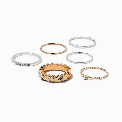 Mixed Metal Slanted Crystal Rings - 6 Pack