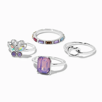 Silver-tone Rainbow AB Ring Set - 4 Pack