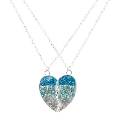 Best Friends Blue Glitter Spilt Heart Pendant Necklaces