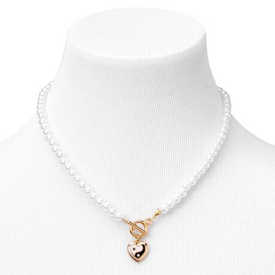 Gold Yin Yang Heart Toggle Clasp 14" Pearl Necklace