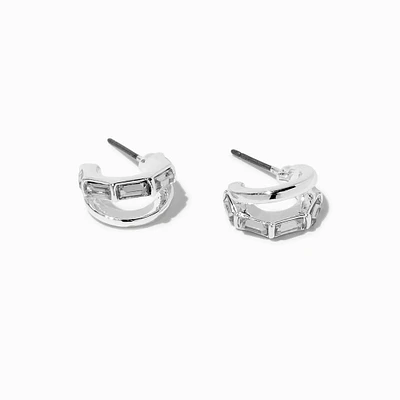 Crystal Baguette Silver-tone Double Hoop Earrings