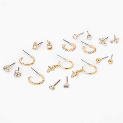 Gold Crystal Cross & Heart Mixed Earrings Set - 9 Pack
