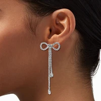 Silver-tone Rhinestone Bow 3" Drop Earrings