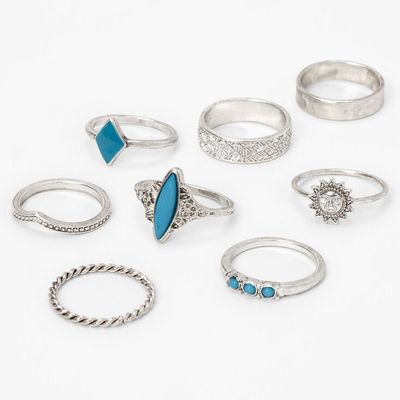Silver Turquoise Sun, Triangle, & Woven Rings - 8 Pack