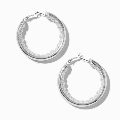 Silver-tone Pearl Inner Hoop Earrings