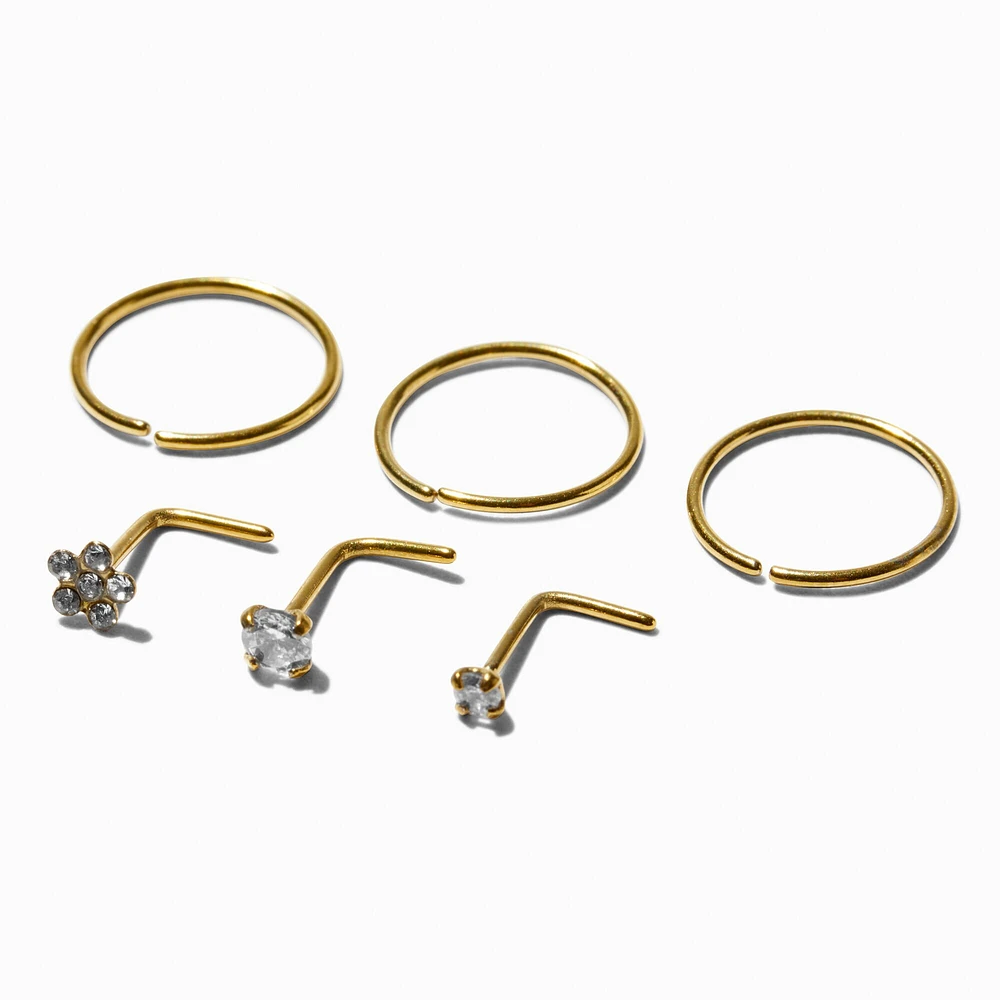 20G Gold-tone Stainless Steel Crystal Daisy & Square Nose Studs & Rings - 6 Pack