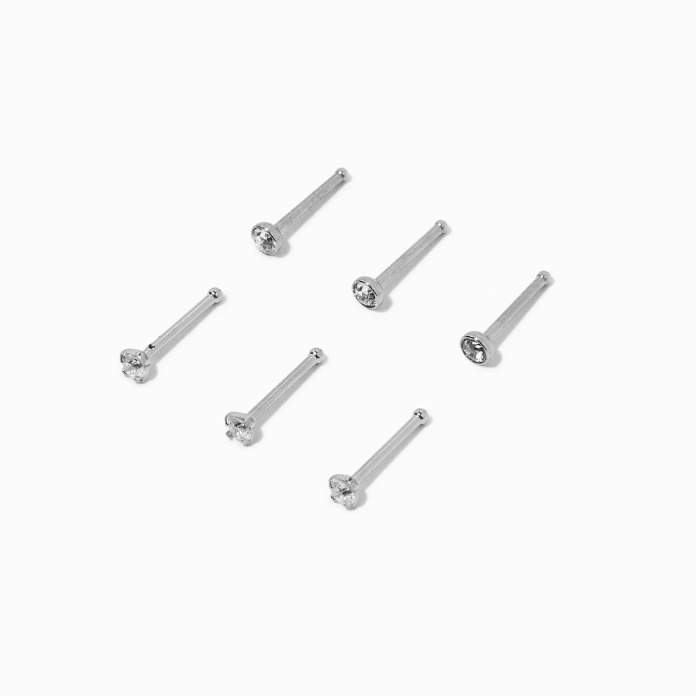 20G Silver-tone Stainless Steel Cubic Zirconia Nose Studs - 6 Pack