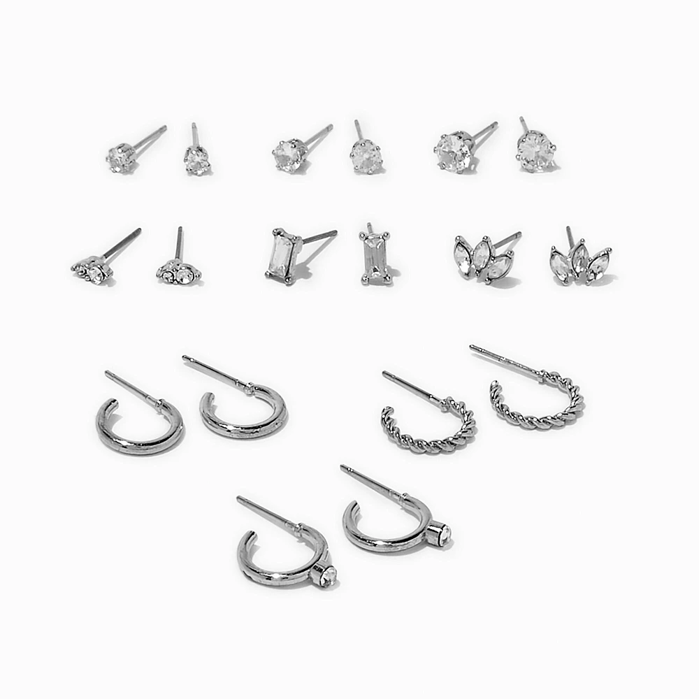 Silver-tone Cubic Zirconia Glitz Mixed Earrings Set - 9 Pack