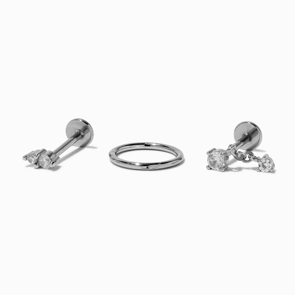 Silver-tone Stainless Steel Crystal 18G Stud & Hoops Threadless Cartilage Earrings - 3 Pack