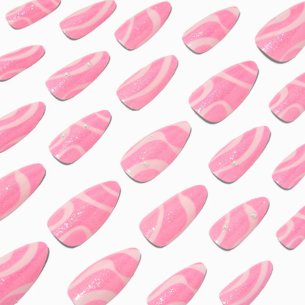 Pink Swirl Bling Almond Vegan Faux Nail Set - 24 Pack