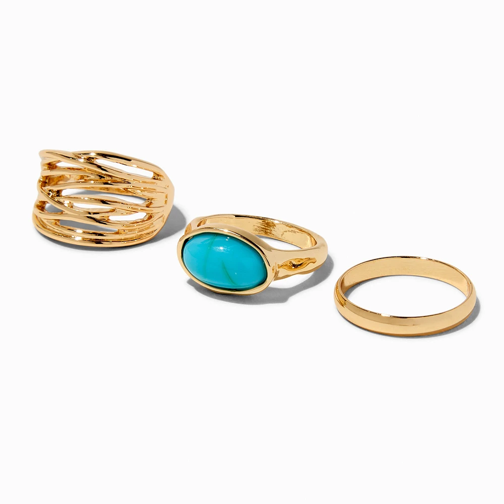 Gold-tone Turquoise Ring Stack - 3 Pack