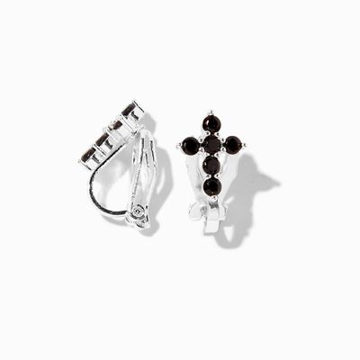 Black Cubic Zirconia Cross Silver Clip On Stud Earrings