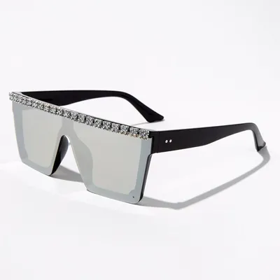 Rhinestone Browline Black Shield Sunglasses