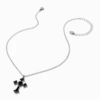 Black Rose Cross Silver-tone Pendant Necklace