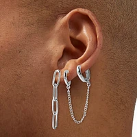 Silver-tone Paper Clip Chain Connector Earring Set - 3 Pack