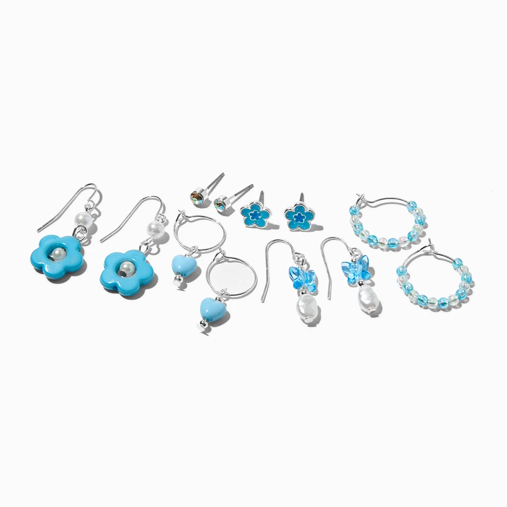 90s Blue Beaded Flower Earring Stackables Set - 6 Pack