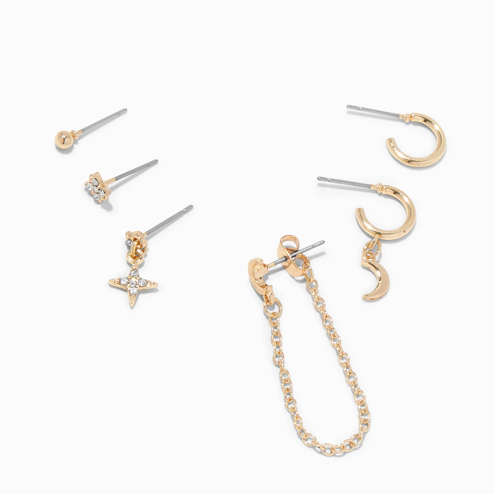 Gold-tone Mixed Crescent Moon One Earring Stackables Set - 6 Pack