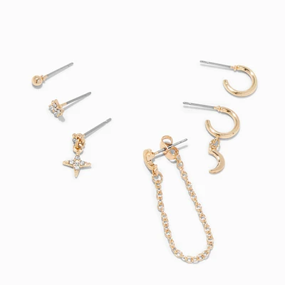 Gold Mixed Crescent Moon One Earrings Set - 6 Pack