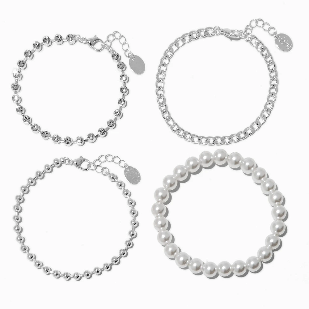 Silver-tone Bead & Pearl Bracelet Set - 4 Pack