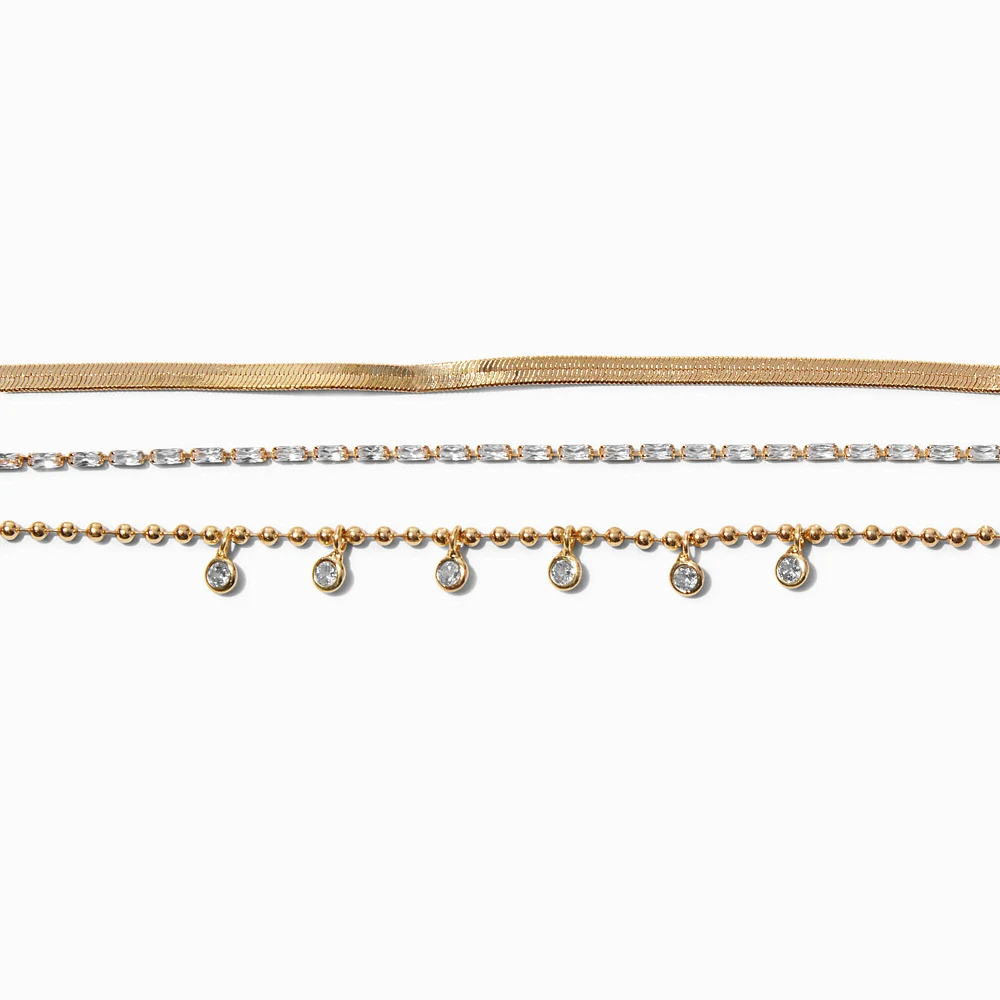 Gold Cubic Zirconia Dainty Chain Bracelets - 3 Pack