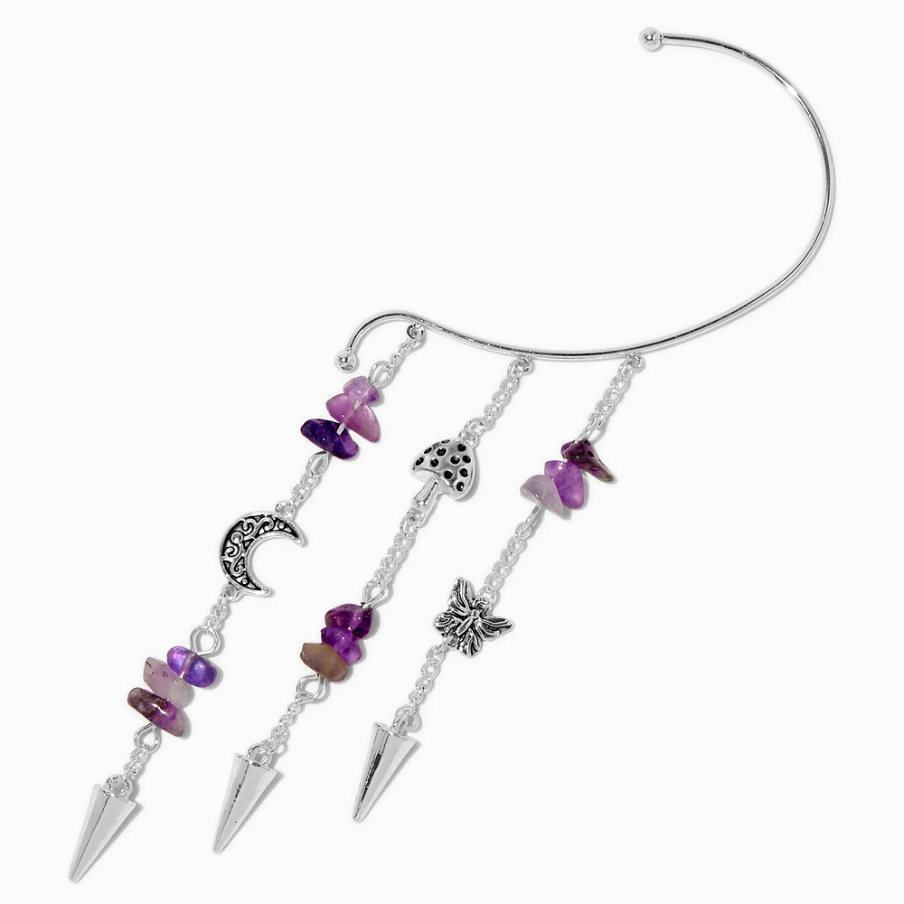 Silver-tone Purple Crystal Mushroom Hanging Ear Cuff