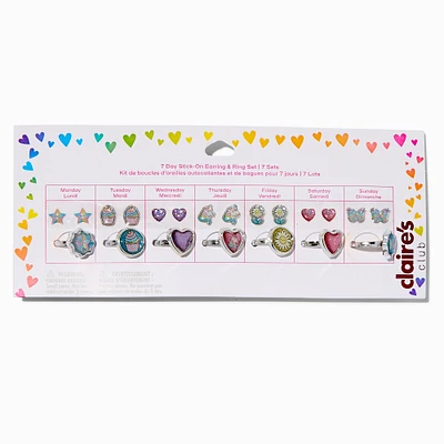 Claire's Club 7 Day Pastel Stick On Earrings & Ring Set - 7 Pack