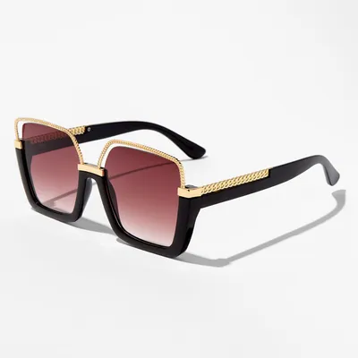 Braided Gold Browline Black Geometric Shield Sunglasses