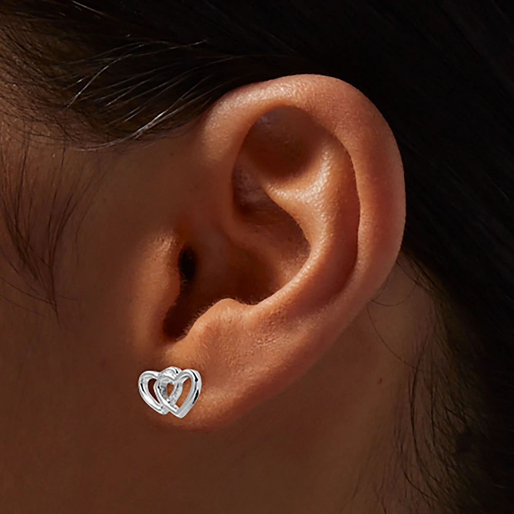 Silver-tone Double Heart Stud Earrings