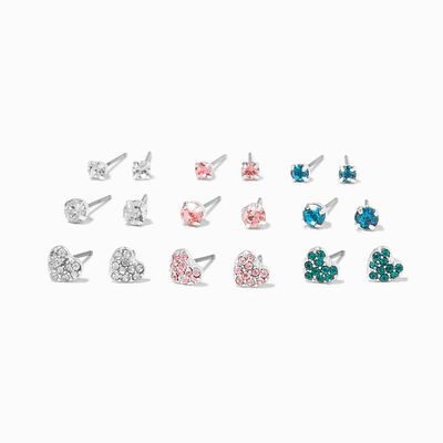 Silver Crystal Round & Heart Stud Earrings - 9 Pack