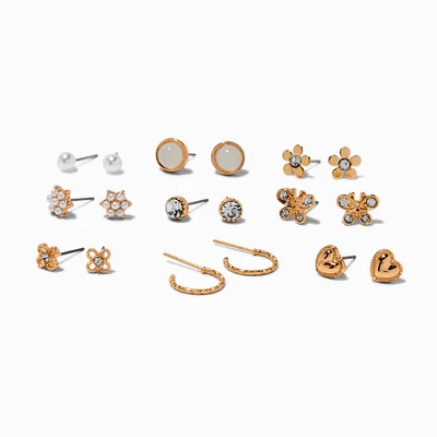 Gold Butterfly & Daisy Stud Earrings - 9 Pack