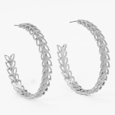 Silver 60MM Leaf Hoop Earrings