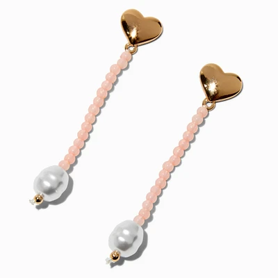 Gold-tone Heart Pink Beaded Pearl 2" Drop Earrings