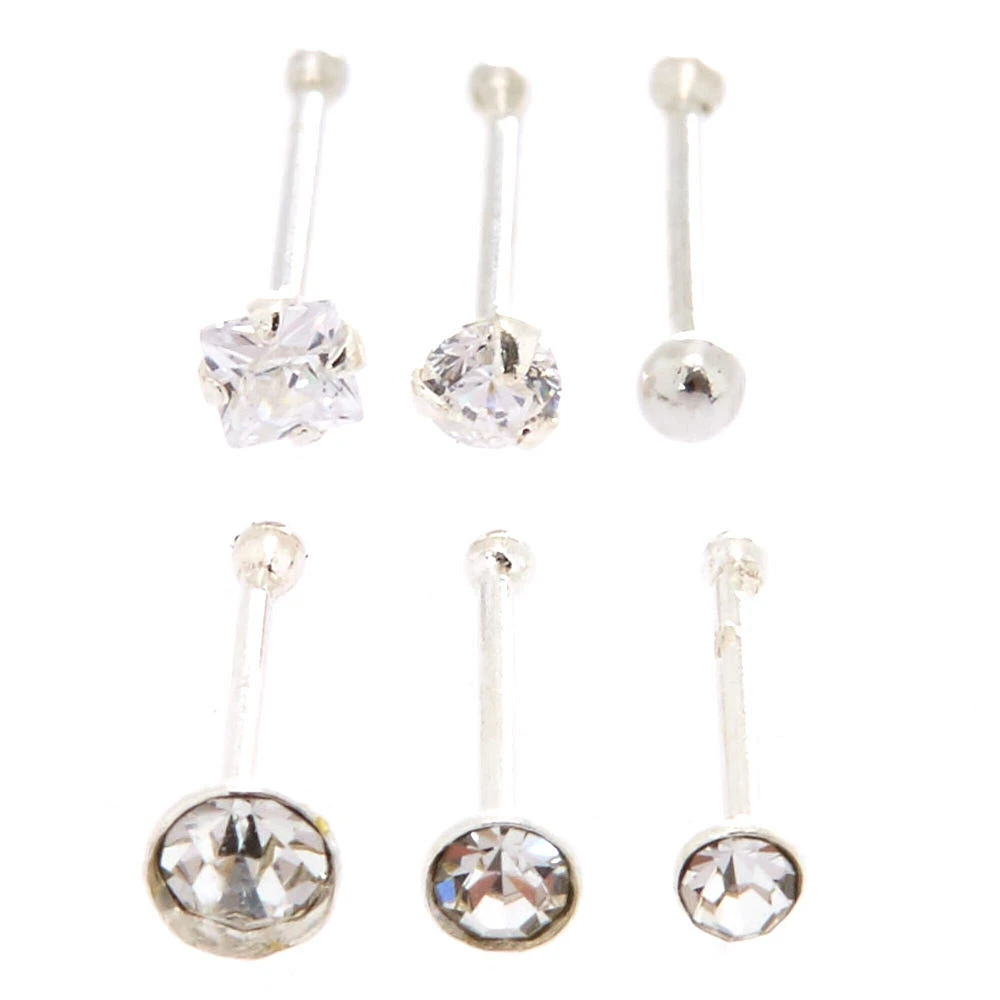 22G Sterling Silver Crystal Mixed Nose Studs - 6 Pack