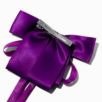 Jewel Tone Purple Long Ribbon Bow Barrette Hair Clip