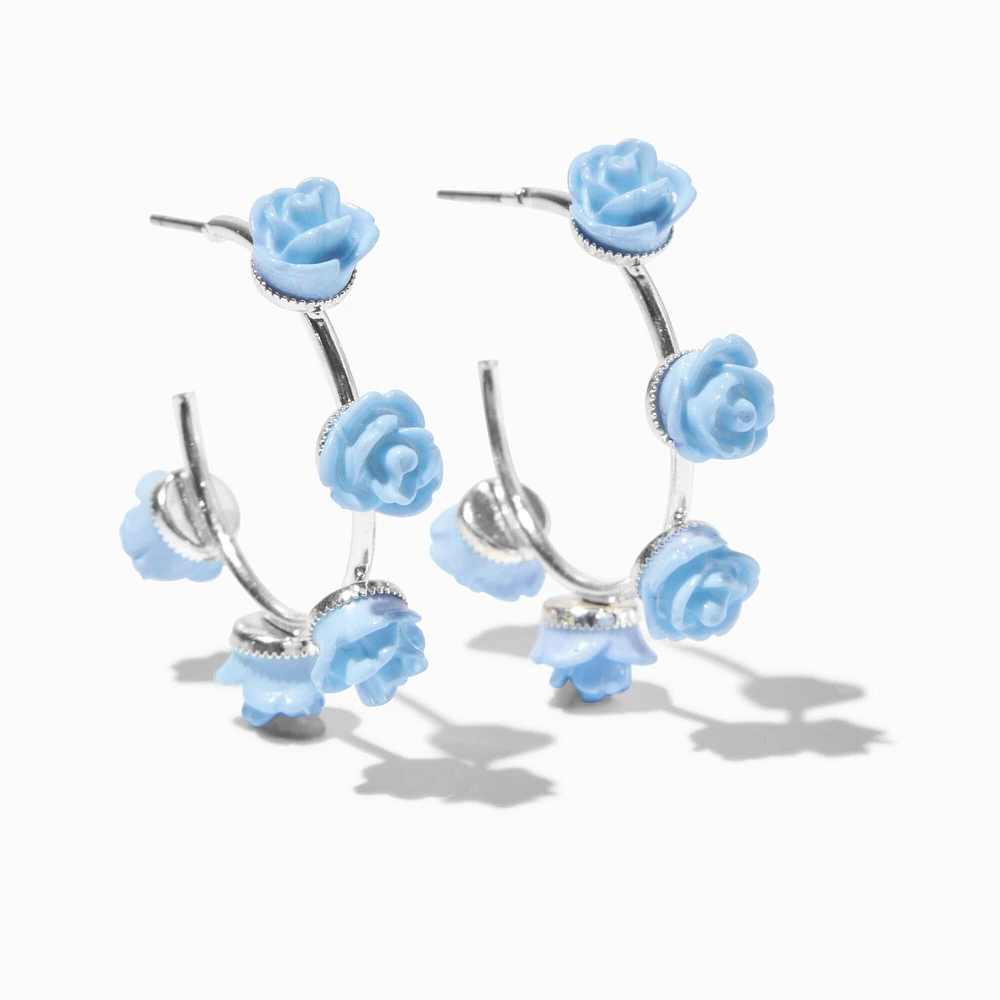 Light Blue Carved Rose Hoop Earrings