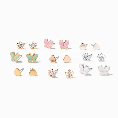 Mixed Metal Butterfly & Flower Stud Earrings - 9 Pack