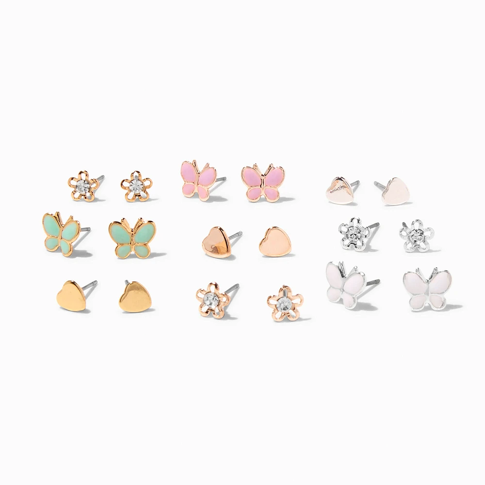 Mixed Metal Butterfly & Flower Stud Earrings - 9 Pack