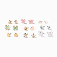 Mixed Metal Butterfly & Flower Stud Earrings - 9 Pack