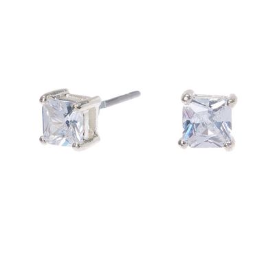 Silver Cubic Zirconia Square Stud Earrings - 4MM