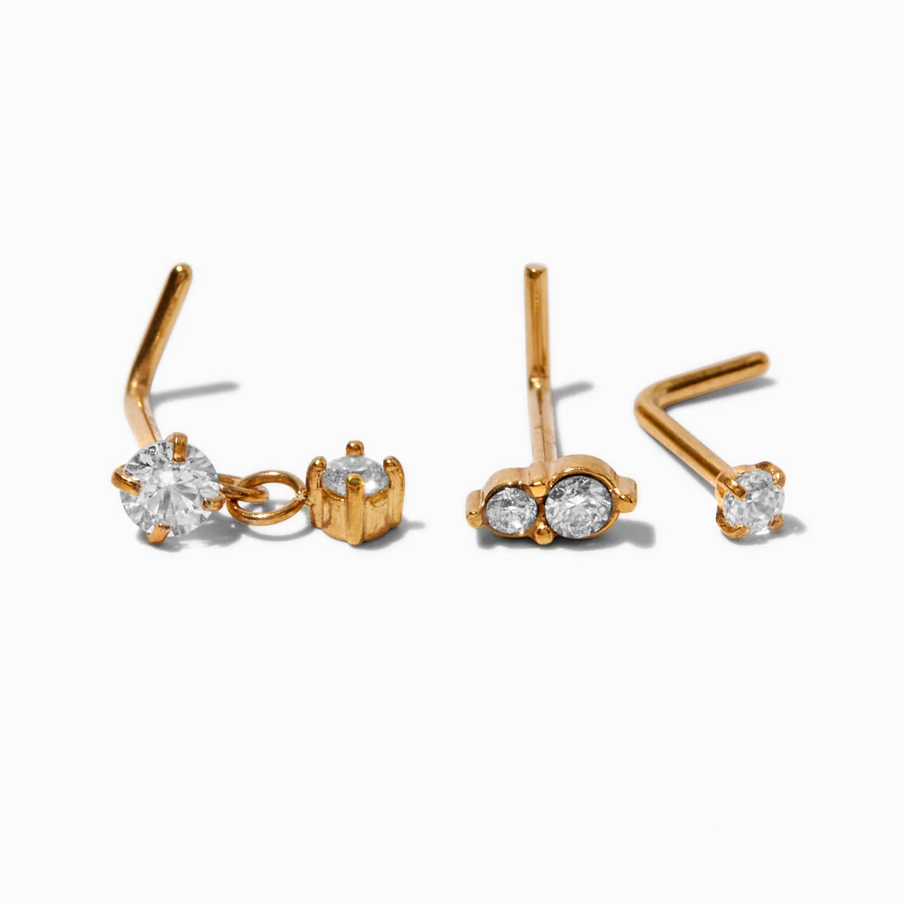 Gold-tone Stainless Steel Cubic Zirconia Dangle 20G Nose Studs - 3 Pack