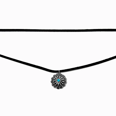 Turquoise Coin Black Cord Multi-Strand Necklace