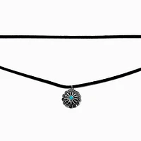 Turquoise Coin Black Cord Multi-Strand Necklace