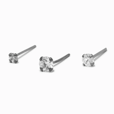 22G Sterling Silver Block Crystal Nose Studs - 3 Pack