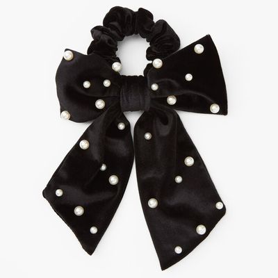 Pearl Studded Bow Hair Scrunchie - Black