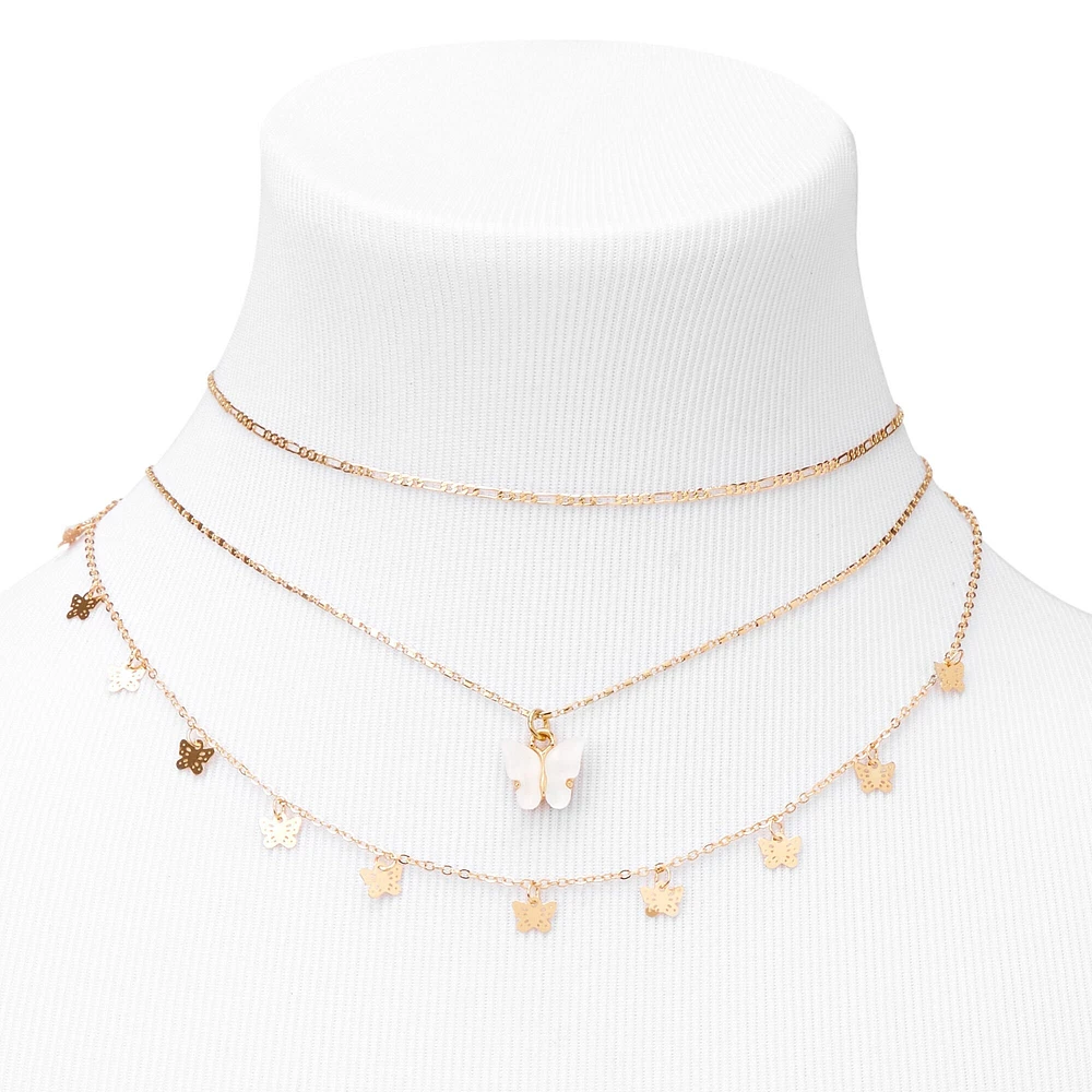 White Resin Butterfly Gold-tone Multi-Strand Choker Necklaces - 2 Pack