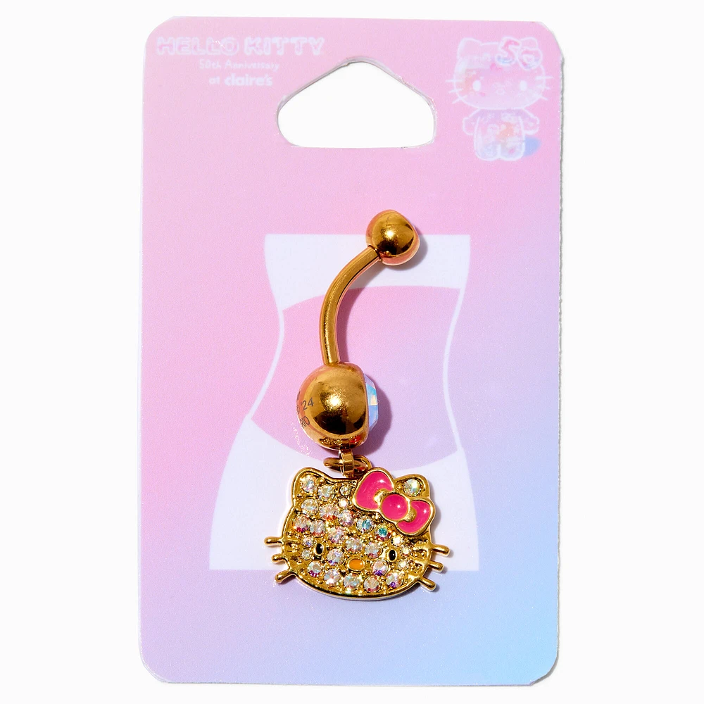 Hello Kitty® 50th Anniversary Claire's Exclusive Gold-tone Stainless Steel 14G Pink Stone Crystal Charm Belly Ring