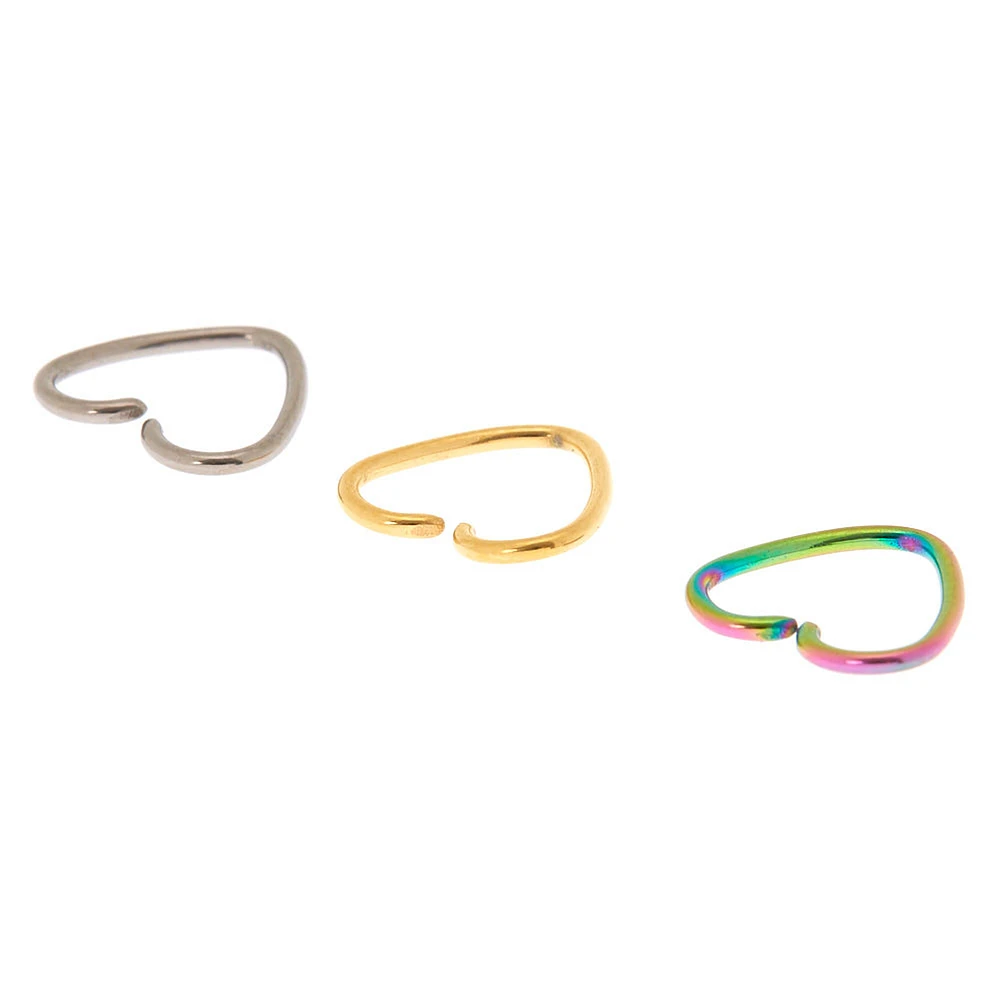 Titanium 16G Mixed Anodized Heart Cartilage Hoop Earrings - 3 Pack