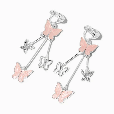 Pink Butterfly Silver-tone Clip-On Drop Earrings