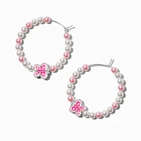 Pink & White Beaded Butterfly Hoop Earrings